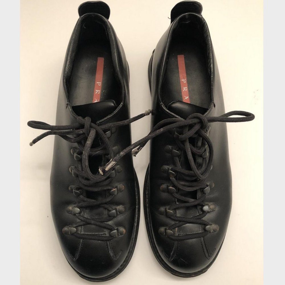 Prada Black Leather Tie Up Sneakers